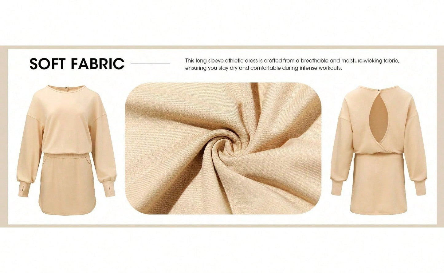 Sexy Women Long Sleeve Active Dress Mid-Calf Elastic Waist Pleated Backless Keyhole Workout Dress With Built In Shorts