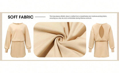 Sexy Women Long Sleeve Active Dress Mid-Calf Elastic Waist Pleated Backless Keyhole Workout Dress With Built In Shorts