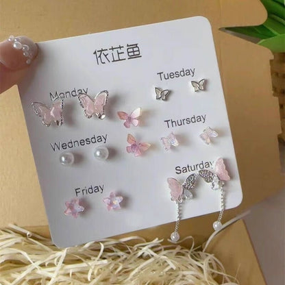 Brincos de Borboleta com Flores Coloridas, Conjunto de Sete Peças para Mulheres, Acessório Diário Personalizado, Joias de Festa, Presentes de Aniversário