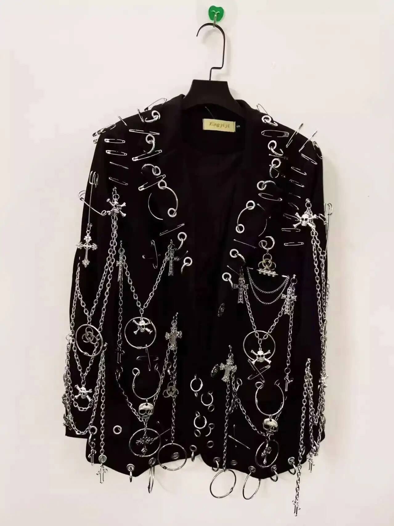 WVGA Spring Autumn New Men Y2K Dark Techwear Gothic Chain Design Blazer Punk Rock Heavy Beaded Niche Chic Casual Suit-Coat W8497