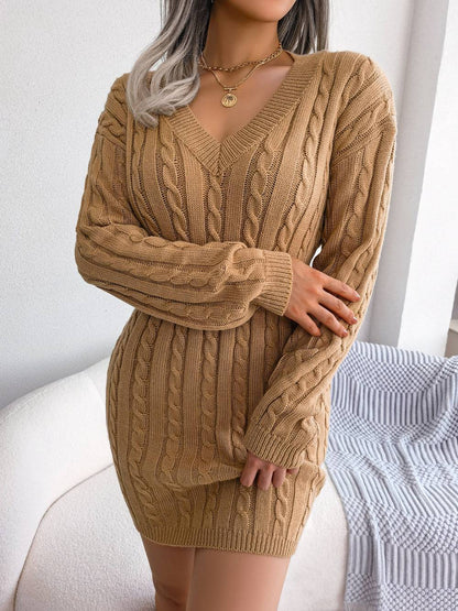 VigoCasey 2025 V Neck Casual Short Knit Dress Autumn Winter Women Solid Long Sleeve Dress Lady Khaki Bodycon Knitted Dresses