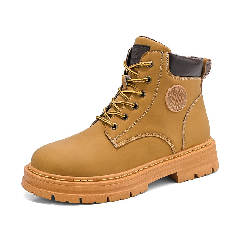 Botas masculinas de cano alto para as quatro estações, sapatos de trabalho ao ar livre antiderrapantes e confortáveis, botas amarelas de couro casuais britânicas da moda