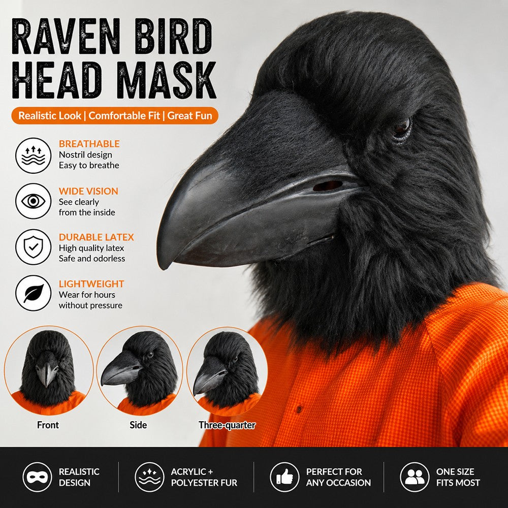Black Raven Head Mask Realistic Full Head Latex Animal Costume for Halloween Carnival Cosplay