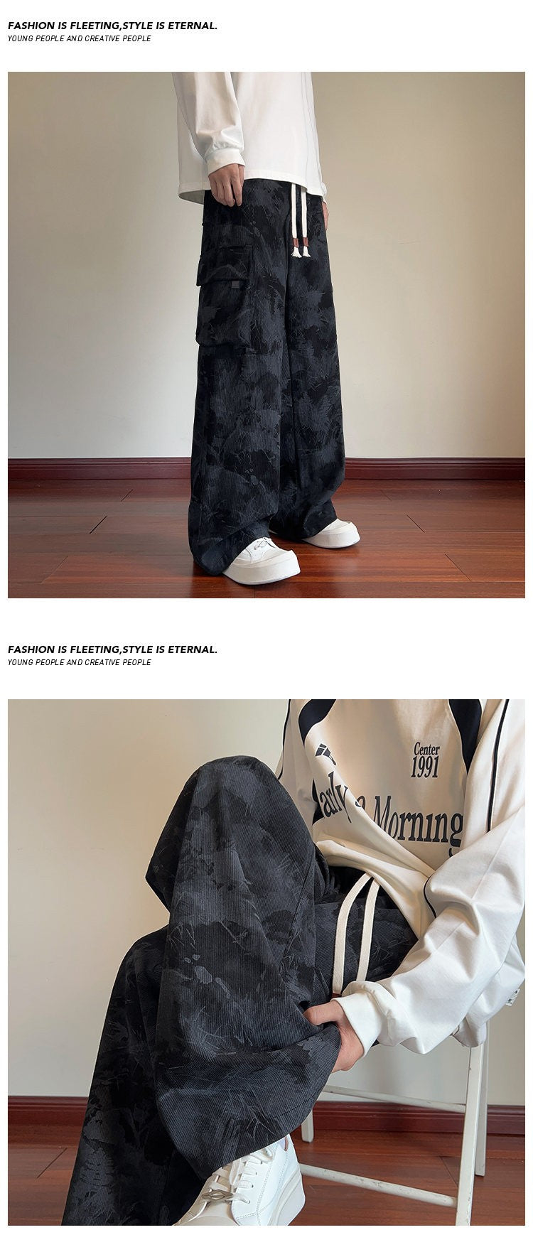 Mens Casual Pants Straight Leg Loose Fit Tactical Cargo Joggers Wide Leg Tie Dye Trousers Trendy Fashion Side Pocket pants man