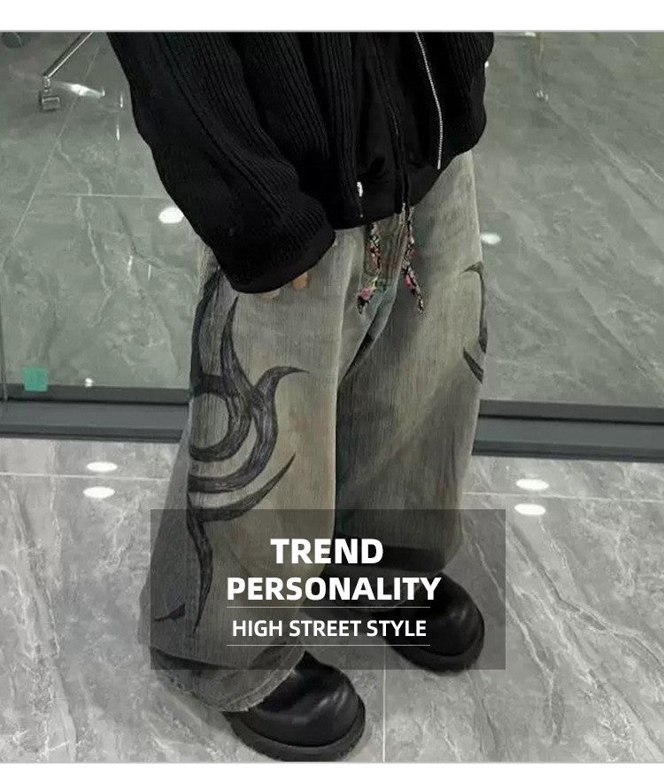 MIJKO New Retro Dragon Pattern Totem Print Bamboo Baggy Drawstring Washed Jeans For Men Women Denim Pants ZJ083