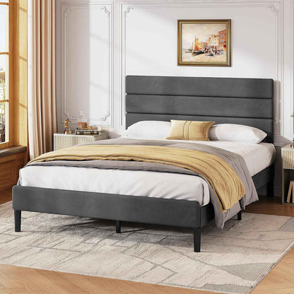 Full Size Upholstered Bed Frame, Velvet Square Tufted Headboard,Sturdy Metal & Wooden Slats Support, No Box Spring Neede
