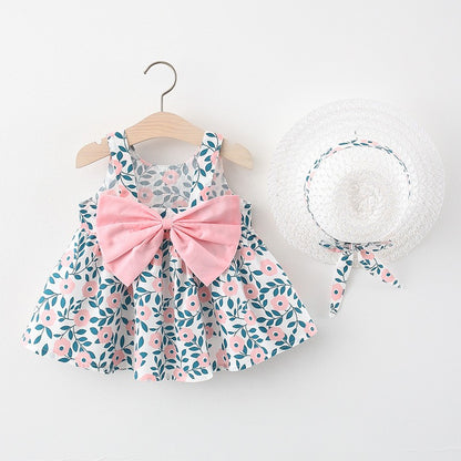 Summer Newborn Baby Clothes Toddler Girl Clothes Cotton Beach Suspender Dress+Sun Hat Princess Dresses2 Pcs