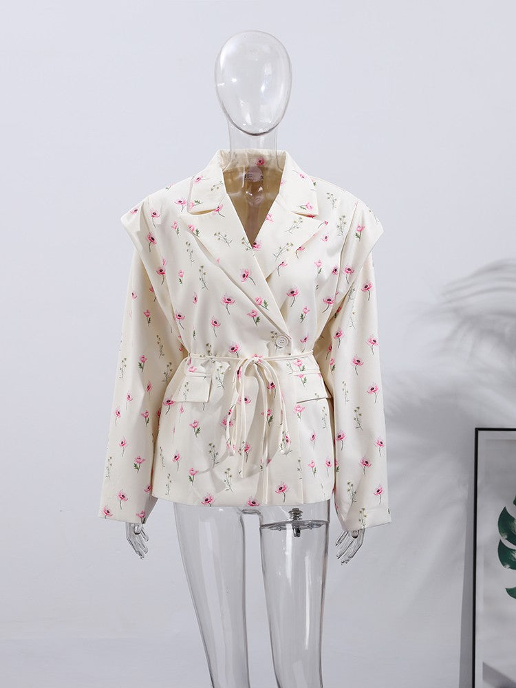 Lace Up Shoulder Pad Blazer Coat Women Elegant Turn-down Collar Long Sleeve Pockets Slim Fit Coats Chic Ladies Commute Outerwear