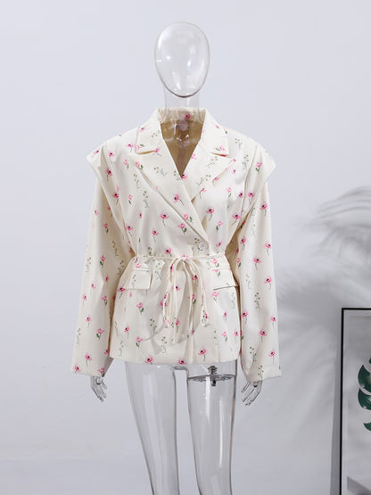 Lace Up Shoulder Pad Blazer Coat Women Elegant Turn-down Collar Long Sleeve Pockets Slim Fit Coats Chic Ladies Commute Outerwear