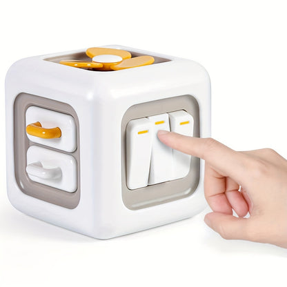 6-in-1 Busy Cube Toy for Baby - Enhances Fine Motor Skills & Early Learning, White with Yellow Accents, Montessori Puzzle Toy