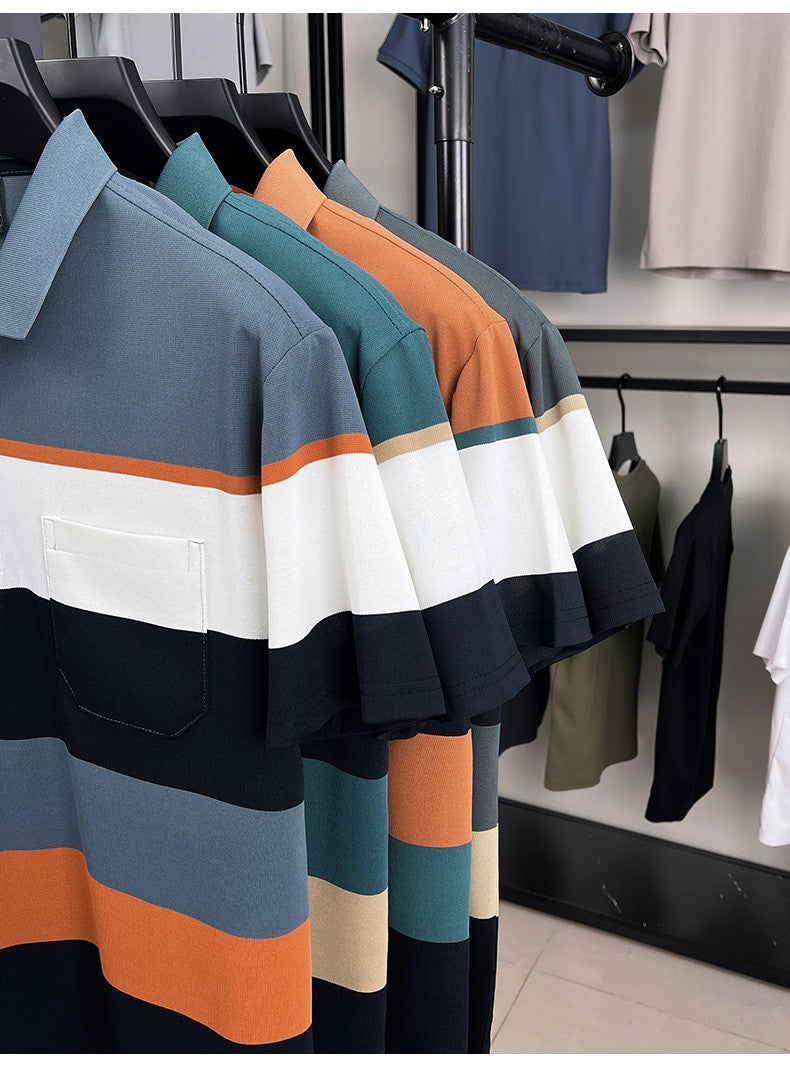 High-quality short sleeve polo shirt men fashion color striped pocket design summer new breathable trendy casual lapel T-shirt