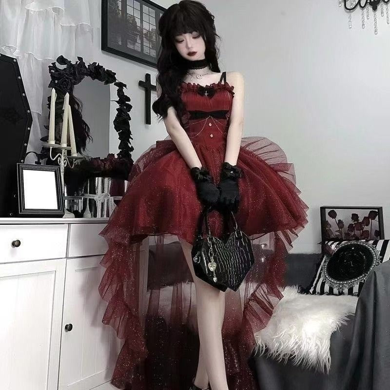Gothic Y2k Sling Dress Women Harajuku Retro Tulle Ruffles Trim Christmas Party Outfit Grunge Aesthetic Sleeveless Elegant Wear