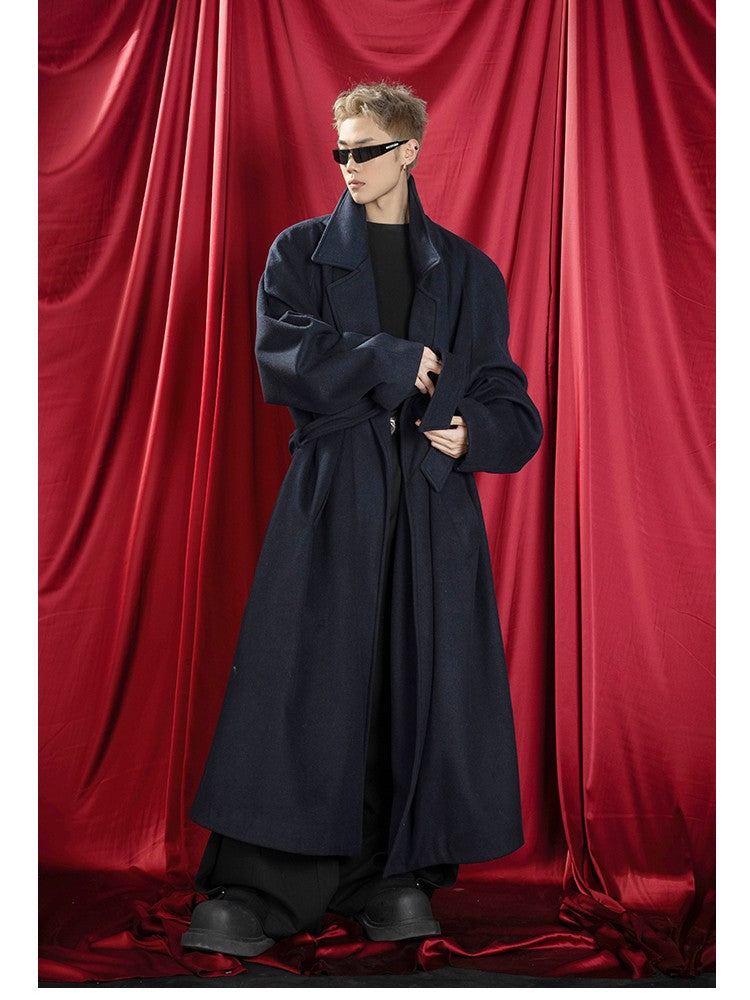 Mauroicardi Autumn Winter Oversized Extra Long Warm Navy Blue Wool Blends Coat Men Loose Luxury Designer Woolen Overcoat 2024