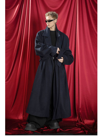 Mauroicardi Autumn Winter Oversized Extra Long Warm Navy Blue Wool Blends Coat Men Loose Luxury Designer Woolen Overcoat 2024