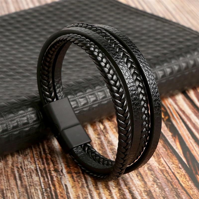 Moda Trançada Corda Tecida Camadas Couro Masculino Pulseiras Punk Metal Magnético Bracelete para Amigo Charme Joias Presentes