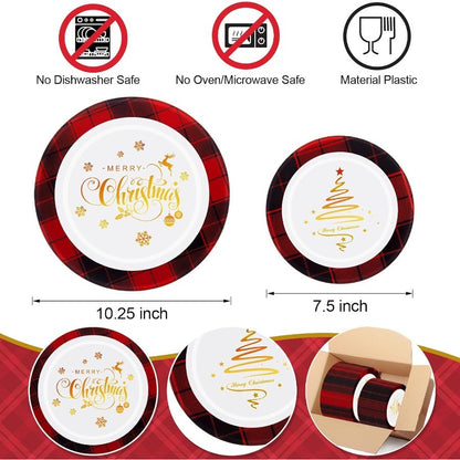 Conjunto de 100 Pratos de Plástico de Natal para Convidados 50 x 7.5 Sobremesa Descartável 50 x 10.25 Pratos de Natal Árvore de Natal Servir Jantar