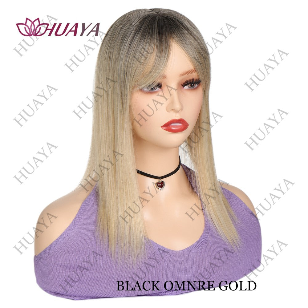 Apliques de Cabelo de 14 Polegadas para Mulheres com Cabelos Ralos, Sintéticos Resistentes ao Calor, Toppers de Peruca Femininos - Ombre Raiz Escura para Loiro