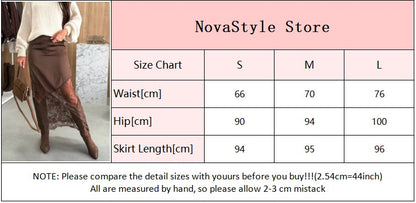 Women Elegant Patchwork Lace Skirts Fashion High Waist Slim Hollow Out Maxi Skirts 2025 Autumn Lady Brown Party Club Skirt