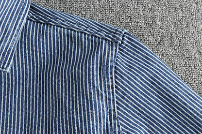 Autumn New American Retro Long Sleeved Lapel Denim Striped Cargo Shirt Men's Simple 100% Cotton Washed Old Casual Blouses Coat