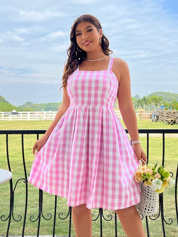 Plus Size Spring/Summer New Arrival Strapless Backless Dress Full Skirt Hem Holiday Beachwear Pink Checkered Dress