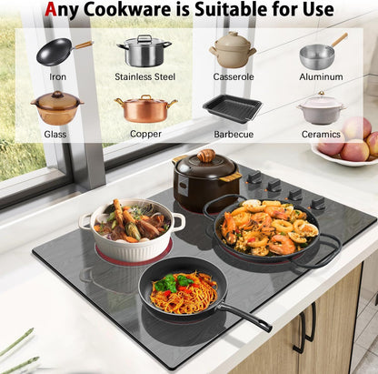 Karinear 4 Burners Ceramic Electric Cooktop, Knob Control, Beautiful Wooden Pannel, 30" Built-in,6700W, 220-240v Hard Wired