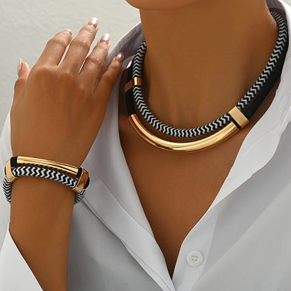 Conjunto 2 Peças Novo Colar e Pulseira de Metal Tubo Duplo Grosso Preto e Branco Estilo Hip-Hop Exagerado Para Uso Diário