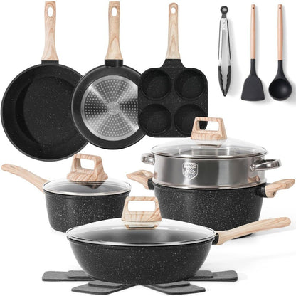 Conjunto de 17 Panelas Antiaderentes para Cozinha, Conjunto de Utensílios de Cozinha Antiaderentes, Panelas de Indução Não Tóxicas, Ferramentas de Culinária de Granito Preto com