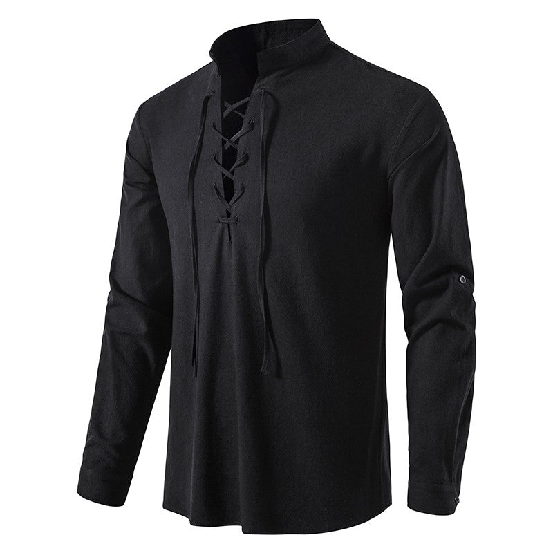 King Billion Men's Shirts Casual Men Cotton Linen Long Sleeve T-shirt Spring Autumn Vintage Shirt US Size Drawstring Neck