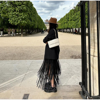 Tassel Leather Midi Skirt Women Solid High Street High-waist A-line Bodycon Long Skirts Spring Summer 2026 Chic All-match Outfit