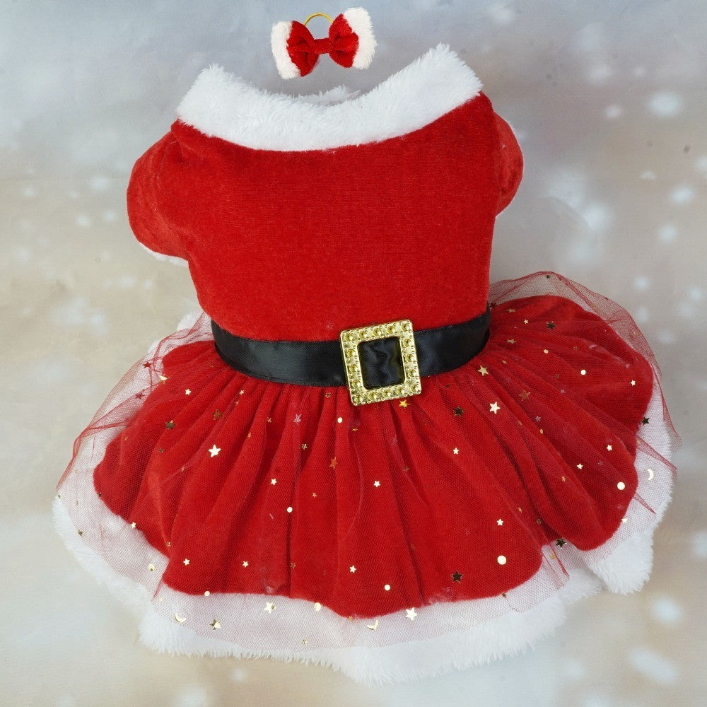Vestido Festivo para Cães Fantasia Papai Noel Saia de Malha Vermelha Tecido Veludo Dourado Roupa para Pet Festa Aniversário Ano Novo