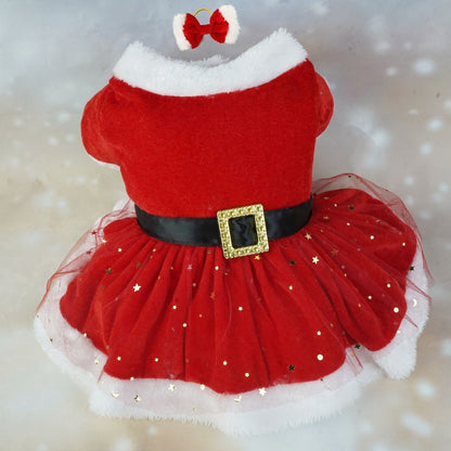 Vestido Festivo para Cães Fantasia Papai Noel Saia de Malha Vermelha Tecido Veludo Dourado Roupa para Pet Festa Aniversário Ano Novo