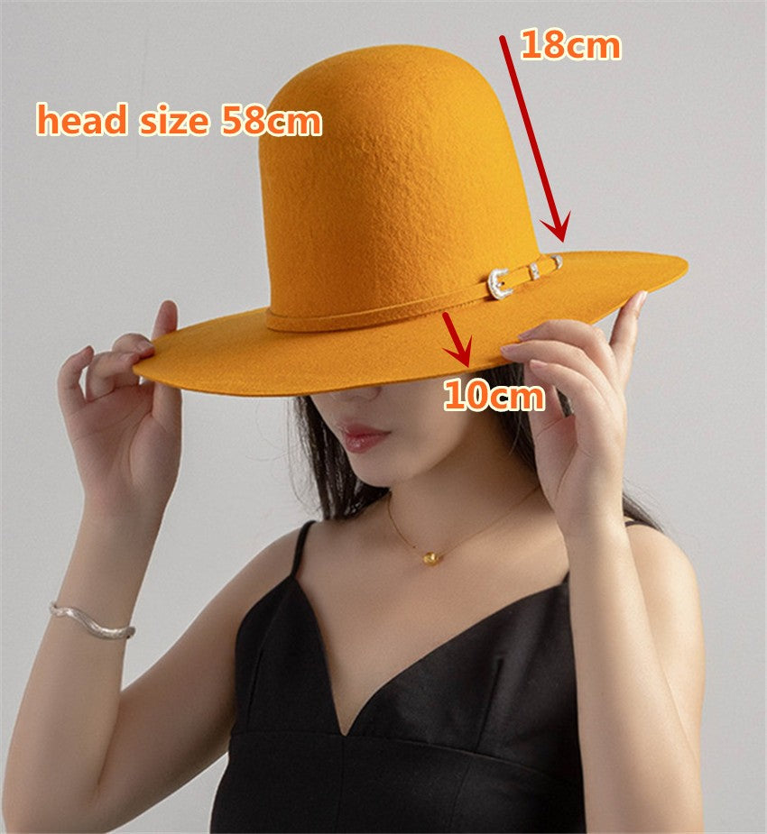 202409-HH2103B ins elegante chapéu de feltro de inverno de lã com coroa alta e cinto 58cm de circunferência modelo desfile chapéu de sol masculino feminino para lazer
