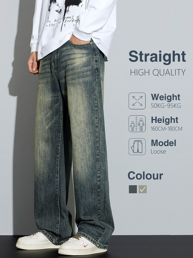 Calças Jeans Masculinas Folgadas de Algodão Perna Larga Retrô Estilo Urbano Coreano Reta Lavada Calças Jeans de Marca de Alta Qualidade