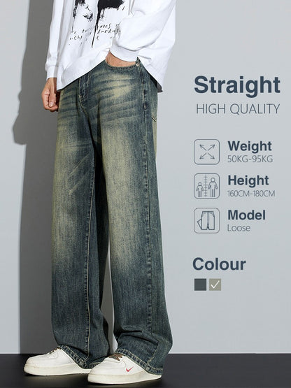 Calças Jeans Masculinas Folgadas de Algodão Perna Larga Retrô Estilo Urbano Coreano Reta Lavada Calças Jeans de Marca de Alta Qualidade