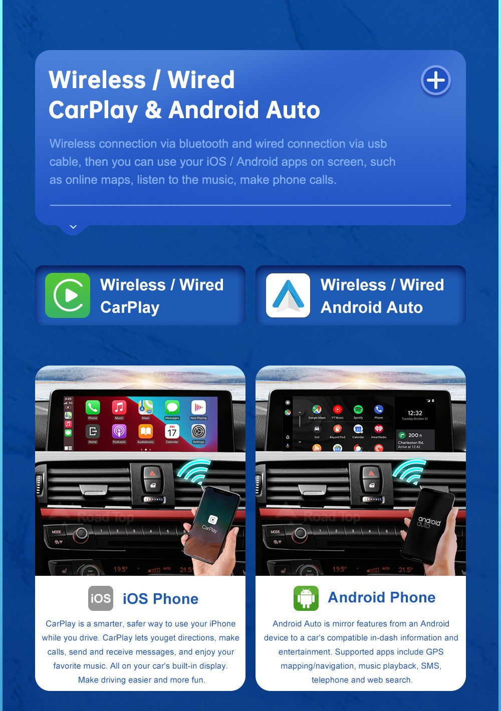 Wireless Android Auto For BMW 3 4 Series F30 F31 F32 F33 F34 F35 F36 CIC NBT EVO 2011-2020 Carplay Interface Mirror Link Airplay