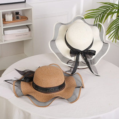 Chapéu de sol feminino dobrável de aba larga com laço, chapéu de palha elegante para proteção solar, moda praia 2021 gorras