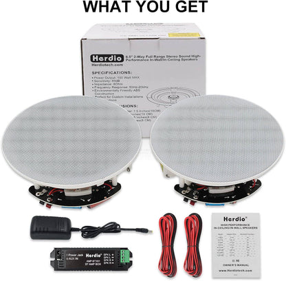 Herdio Alto-Falante Bluetooth de Teto de 6,5 Polegadas 300W para Áudio Doméstico Sistema de Alto-Falantes Embutidos para Cozinha, Quarto e Banheiro
