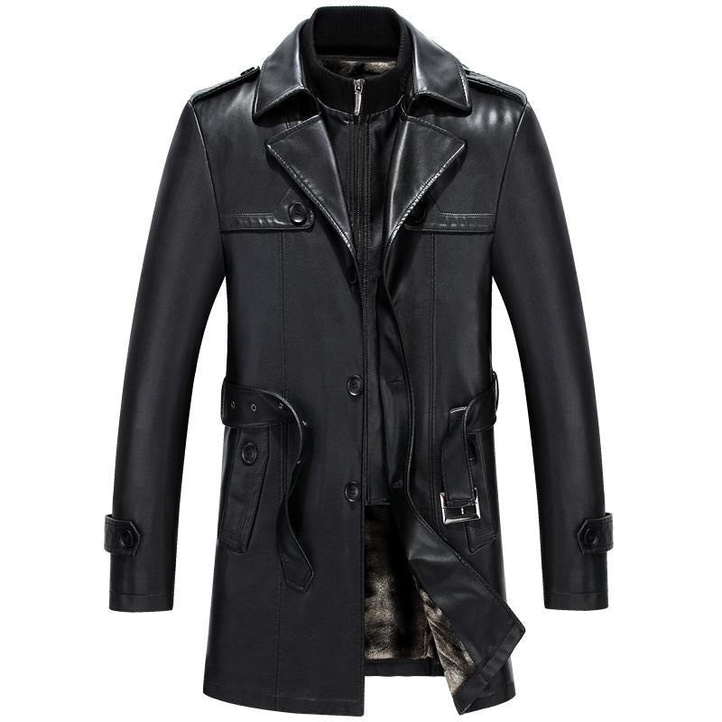 Fashion PU Leather Jacket Mid-length Fleece Thickened Windbreakers Suit Styles Large-sized Coats Overcoats Men's Slimming Trendy