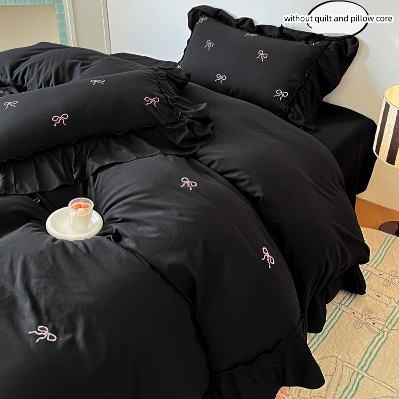3pcs bow embroidery Bedding set ruffles Duvet Cover Set (1*Duvet Cover + 2*Pillowcase, Without Core)for bedroom guest room