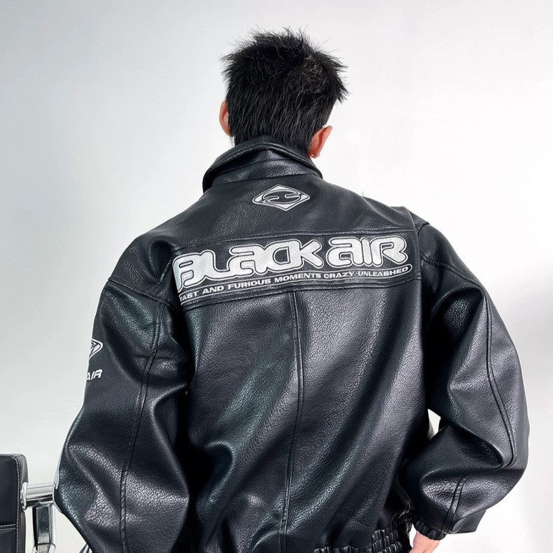 Heavy Duty Embroidered Men's Motorcycle Leather Jacket, Silver Edgy Aesthetic Windbreaker for Men, Autumn Fashion Mans Clothes