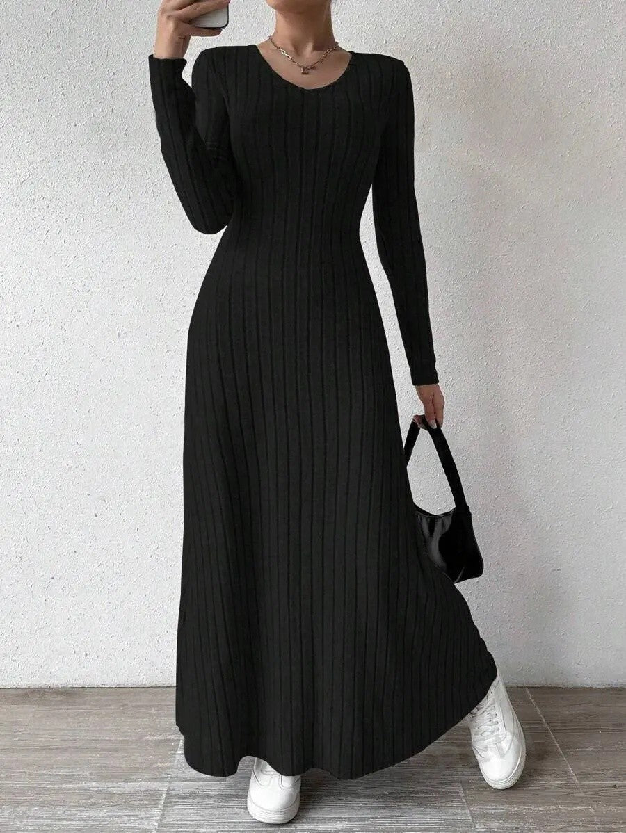 Fashionable Knitted Long Sleeve A- Line Streetwear Dress For Women Smooths And Slims Your Silhouette Solid Color Long Dress