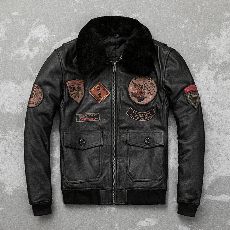 Detachable Natural Fur Collar Genuine Cowhide Men Leather Jacket Patches Flight Air Force Pilot Coat Winter Bomber