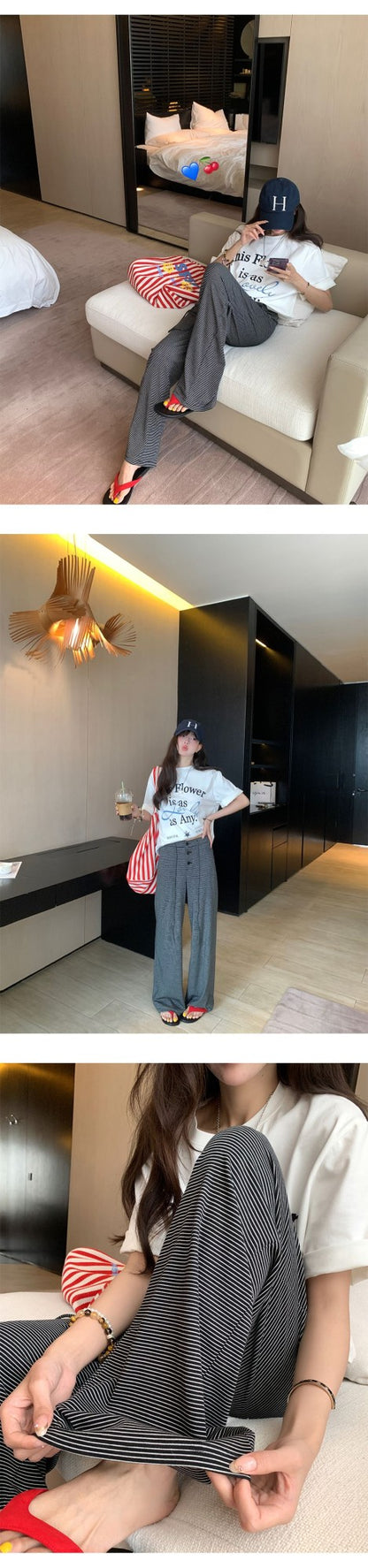 Baishiwang Silk Blend Knitted Pants Women's Summer Loose Casual Drape Long Striped Trousers Versatile Comfortable Long Pants