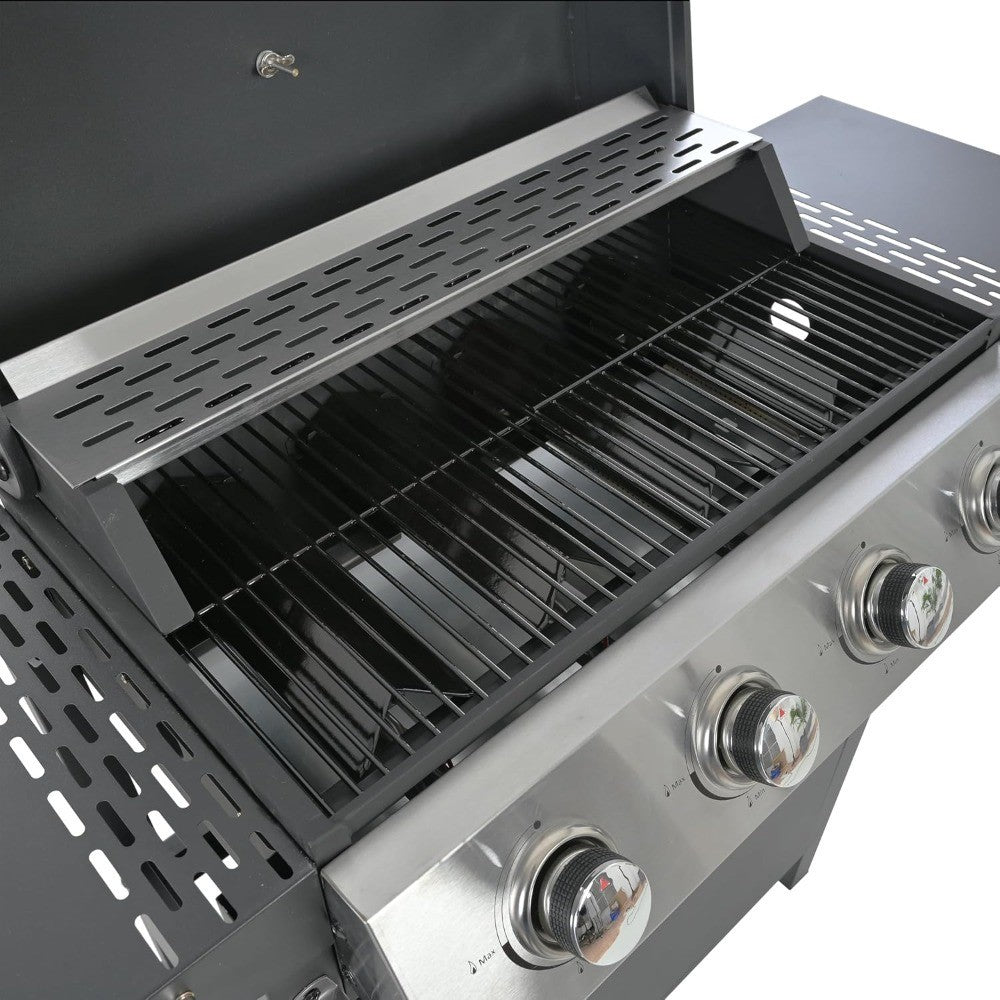 4 Burner BBQ Propane Gas Grill, Free Standing Grill Cart with Wheels, Stainless Steel Heavy Duty Cabinet Style, Outdoor Grill