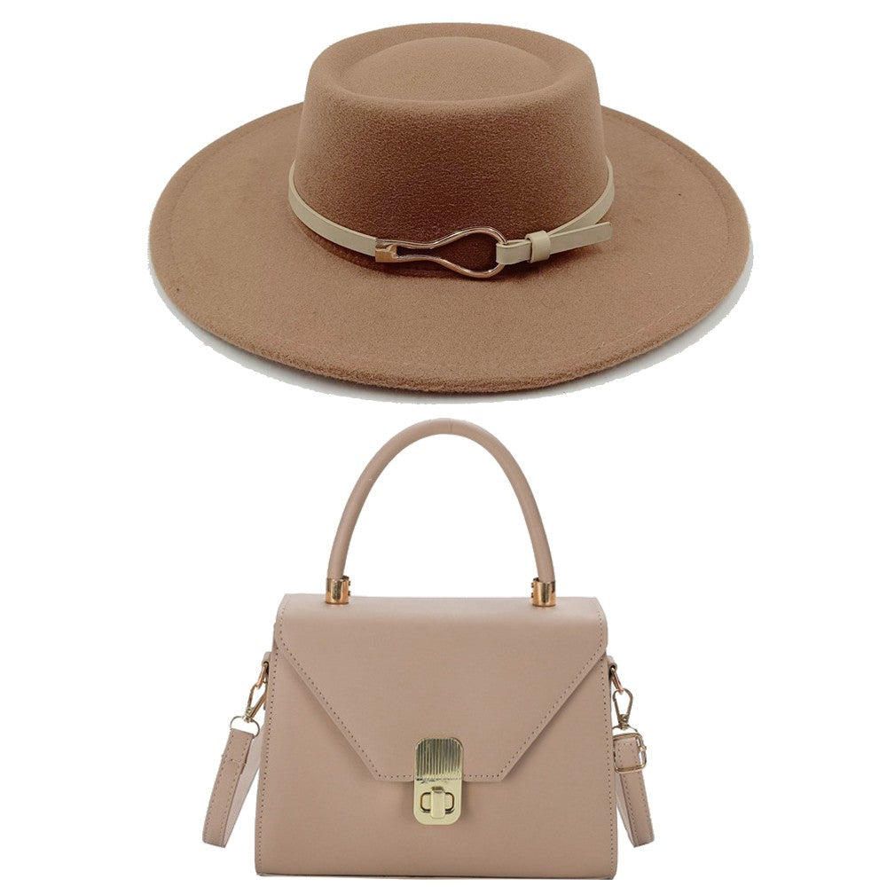 Acessórios femininos de fivela de couro metal com chapéu de feltro de pele com top côncavo e convexo, chapéu fedora e conjunto de bolsa combinando, estilo retrô