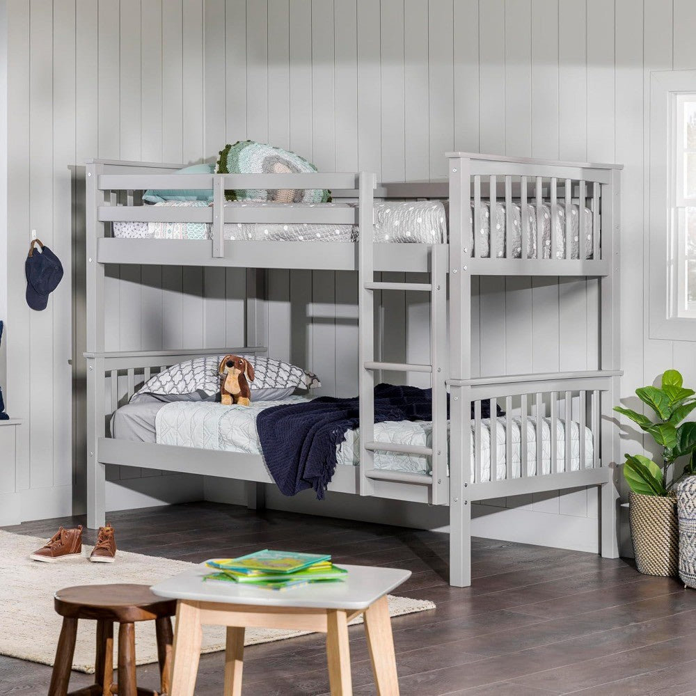 Beliche de Madeira Maciça Estilo Missão Resende, Solteiro sobre Solteiro, Cinza