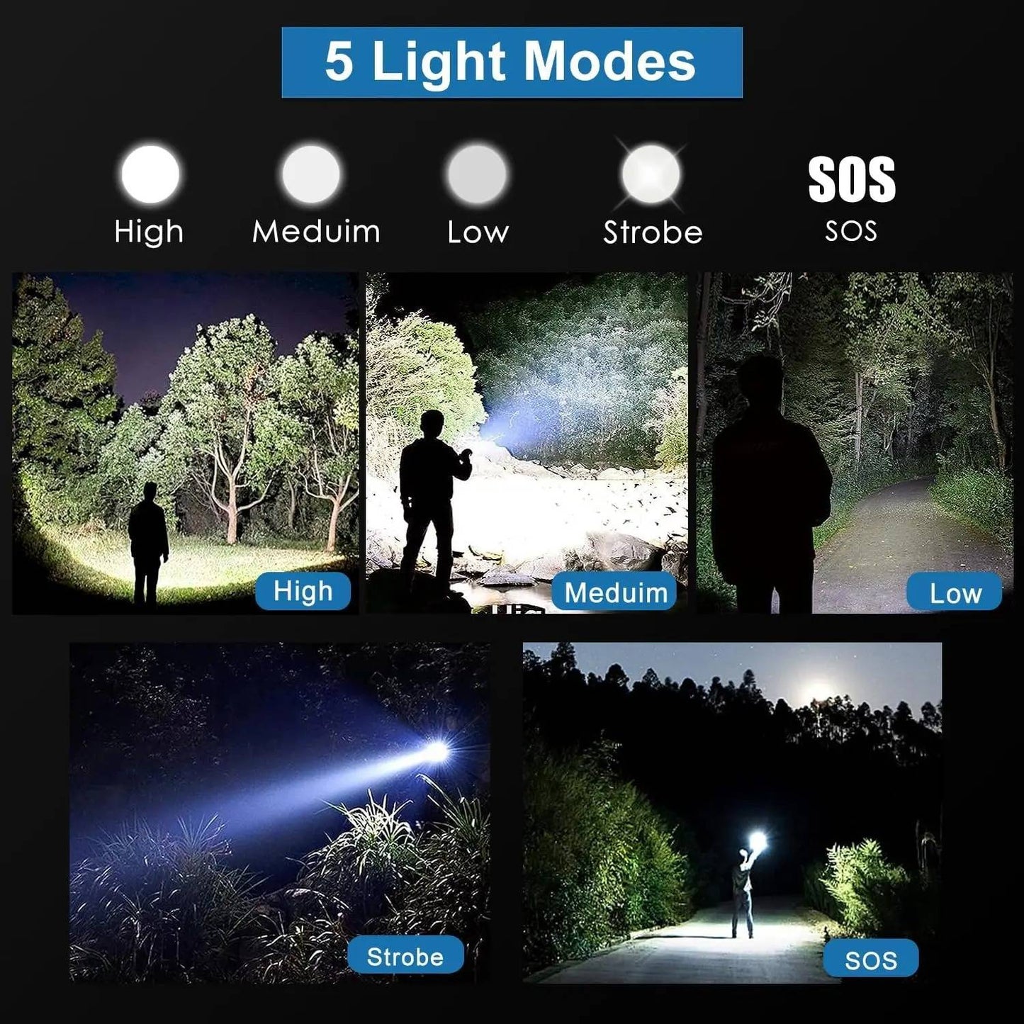High Power Rechargeable LED Tactical Flashlight Aluminum Alloy Super Bright Telescopic Zoom Torch Lamp Outdoor Camping Fishing