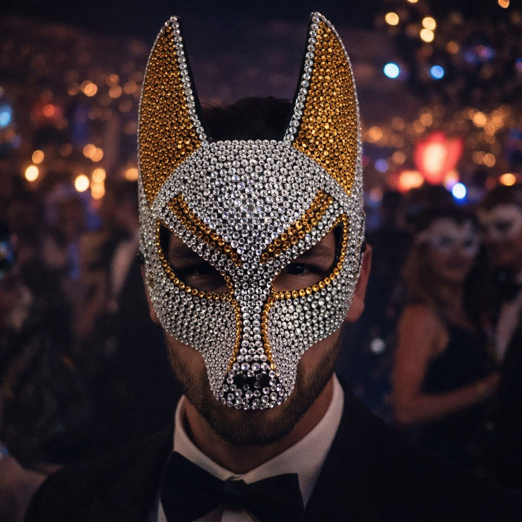 Luxury Rhinestone Wolf Mask, Shiny Animal Half Face Mask for Masquerade Ball, Halloween Party and Costume Events