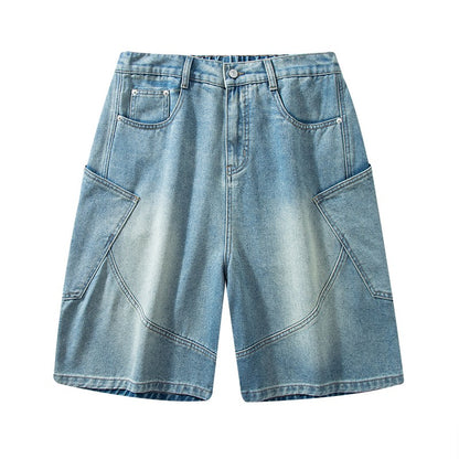 Summer New Baggy Denim Shorts Fashion Casual Straight Harajuku Jeans Male Vintage Wash Drawstring Short Pants Streetwear