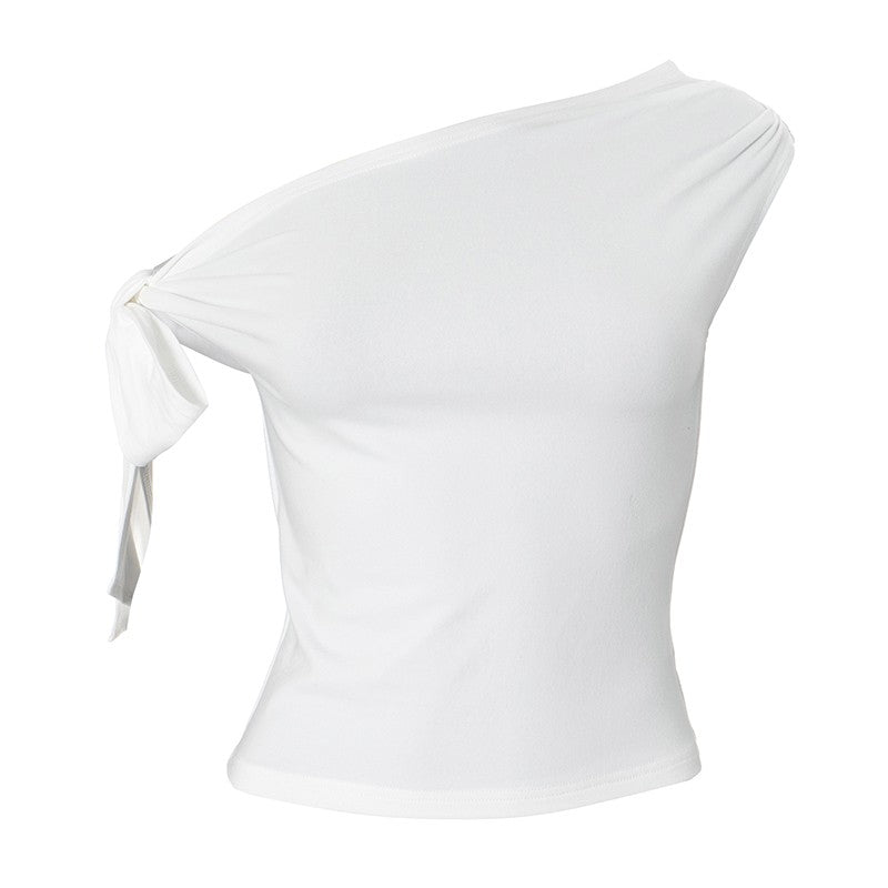 CUTENOVA 2024 Women'S Summer Ins Style New Shrink Pleated One-Shoulder Crop Top Backless Twist Tie Asymmetric T-Shirt Casual Top